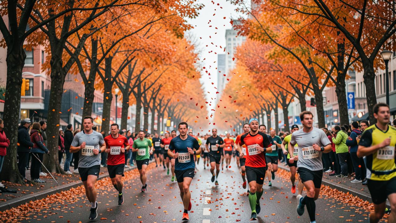 Runners moving through a city marathon