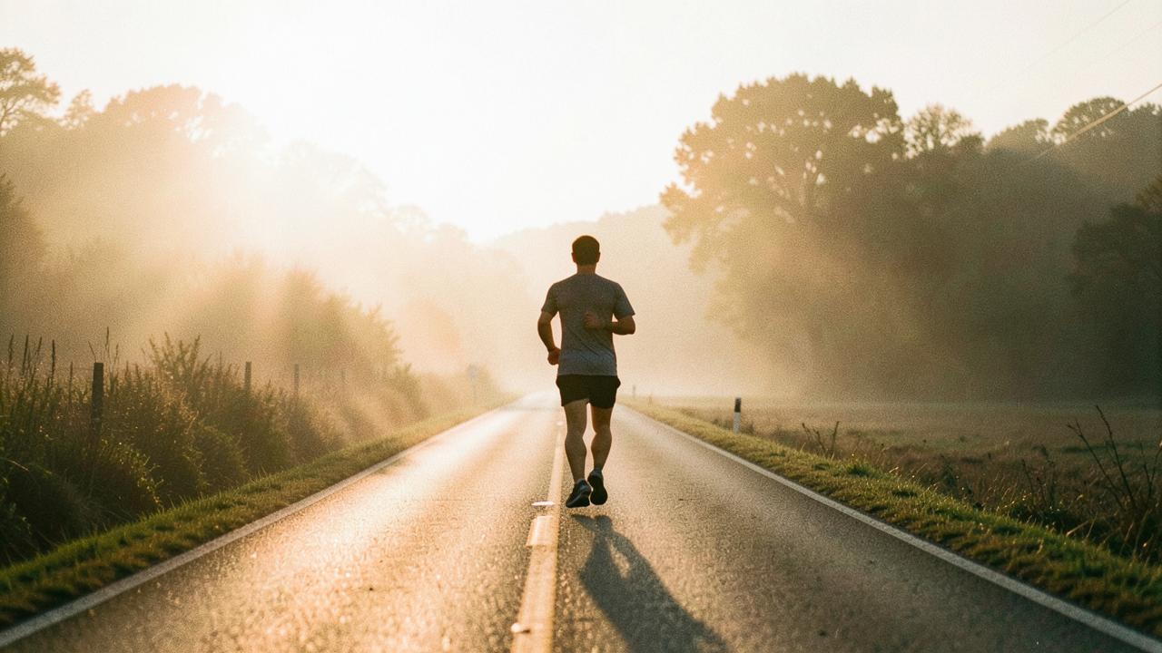 A lone runner on an empty road at dawn