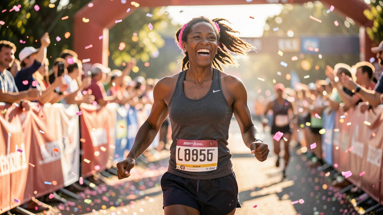 A runner finishing a city marathon