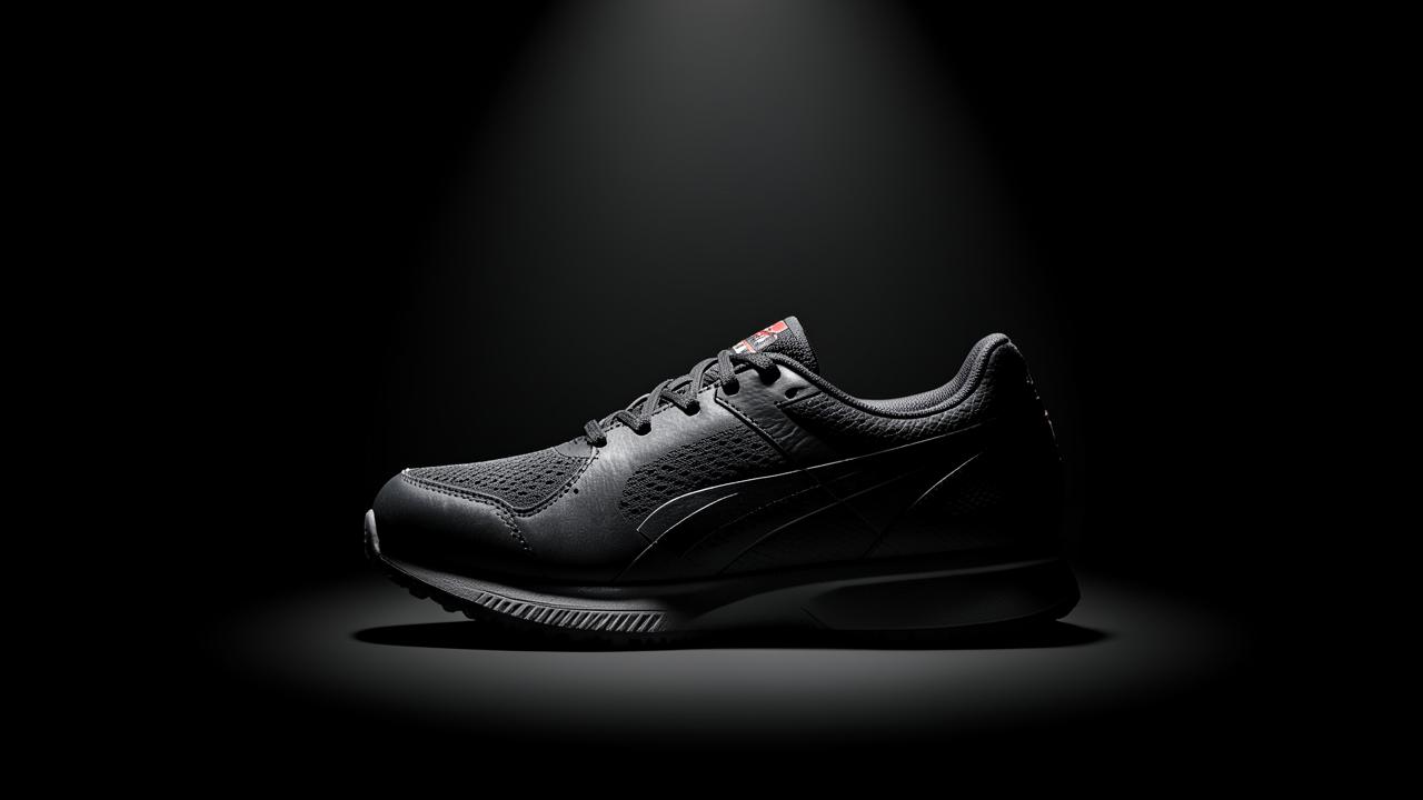 A single racing shoe under a spotlight