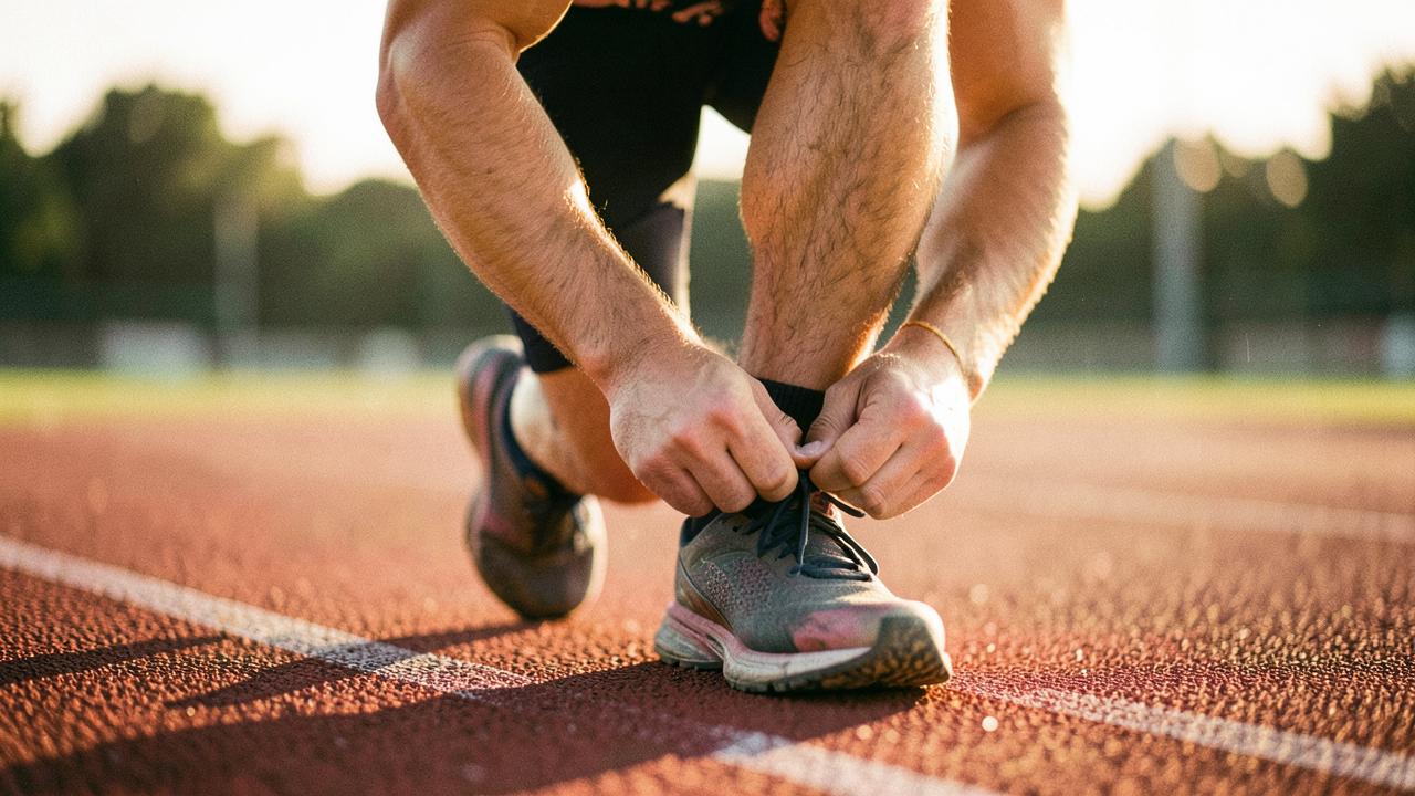 A runner tying racing shoes on a track